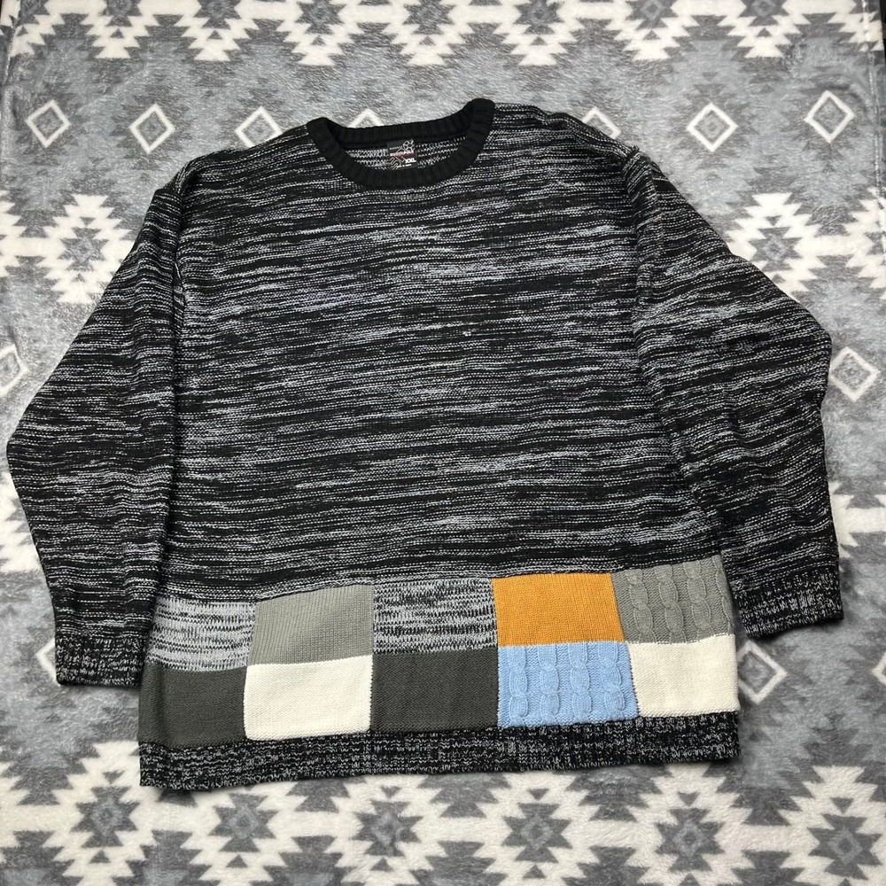 Southpole XXL Marled Black Patchwork Cable Knit Grandpa Y2K Sweater Pullover